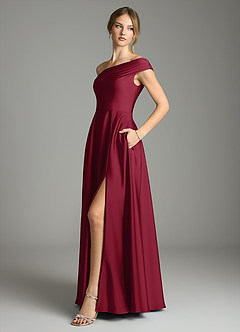 Azazie Melanie Bridesmaid Dresses Burgundy A-Line Off the Shoulder Stretch Satin Dress image4