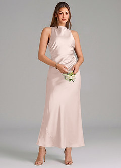 Azazie Evadne Bridesmaid Dresses Blushing Pink Sheath Pleated Stretch Satin Dress image3