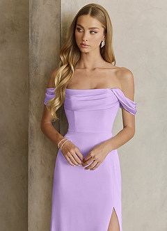 Azazie Saige Bridesmaid Dresses Lilac Sheath Off the Shoulder Stretch Satin Dress image2