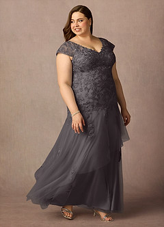 Azazie Romy Mother of the Bride Dresses Steel Grey Mermaid V-Neck Sequins Tulle Dress image10