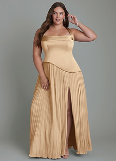 Azazie Stephanie Robes de demoiselle d'honneur Robe Trapèze en Satin extensible Plissé Champagne image7