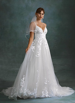 Azazie Rhodes Wedding Dresses Diamond White A-Line V-Neck Sequins Tulle Dress image2