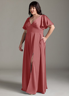 Azazie Kimber 신부 들러리 드레스 A라인 셔링 스트레치 새틴 바닥 길이 드레스 image10