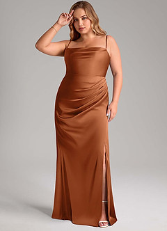 Azazie Leonis Bridesmaid Dresses Copper Mermaid Pleated Stretch Satin Convertible Dress image11