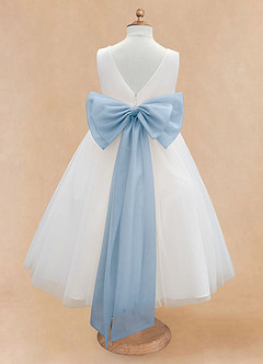 Azazie Kavi Flower Girl Dresses Ivory Powder Blue A-Line Bow Matte Satin Dress image8
