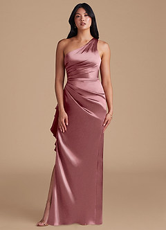 Azazie Latrice Bridesmaid Dresses Vintage Mauve Sheath One Shoulder Metallic Satin Dress image2