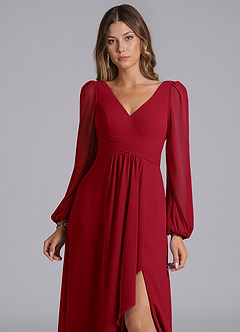 Azazie Liah Bridesmaid Dresses Scarlet A-Line Long Sleeve Chiffon Dress image7