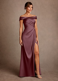 Azazie Bedford Mother of the Bride Dresses Sangria Sheath Pleated Stretch Satin Dress image4