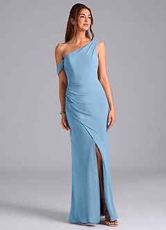 Azazie Madelyn Jurken voor bruidsmeisjes Converteerbaar Jurk van Chiffon met Zeemeermin Off the Shoulder Staal Blauw image1