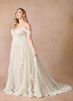 Azazie Botanica Wedding Dresses Diamond White Nude A-Line Off the Shoulder Tulle Dress image8