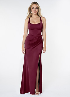 Azazie Mero Brautjungfernkleider Etui Plissee Stretch-Satin Kleid Maulbeerrot image1