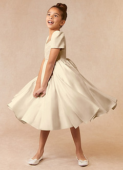 Azazie Anirra Flower Girl Dresses Champagne Ball-Gown Pleated Matte Satin Dress image2