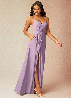 Azazie Kyedae Jurken voor bruidsmeisjes Jurk van Chiffon met A-Lijn V-hals geplooid Blauweregen image3