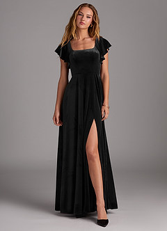 Azazie Bondi Brautjungfernkleider A-Linie Seitliche Cut-Outs Samt Kleid Schwarz image1