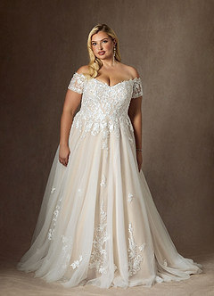 Azazie Rowe Wedding Dresses Diamond White Champagne Ball-Gown Off the Shoulder Tulle Dress image12