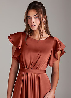 Azazie Daphne Modest Bridesmaid Dresses A-Line Ruched Stretch Satin Floor-Length Dress image5