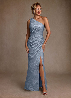 Azazie Joylin Moeder van de bruid jurken Trompet Jurk van Bloemen Burn-out One-Shoulder Stoffig Blauw image1