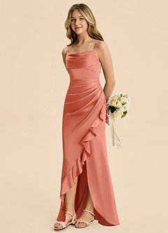 Azazie Mia Junior Salmon Pink Mermaid Pleated Stretch Satin Dress image4