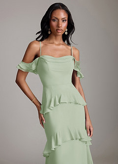 Azazie Chayla Final Sale Dusty Sage Sheath Off the Shoulder Chiffon Dress image3