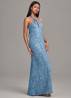 Azazie Ailany Vestidos de damas de honor Vestido de Azul Acero de Devorado Floral de Corte en A con Plisado image6