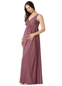 Azazie Yetta Maternity Bridesmaid Dresses A-Line V-Neck Gathered Chiffon Floor-Length Dress image4