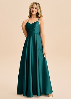 Azazie Rumi Junior Vestido de Pavo Real de Satén Elástico de Corte en A con Plisado image3