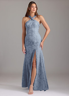 Azazie Rue Bridesmaid Dresses Dusty Blue A-Line Pleated Floral Burnout Dress image1