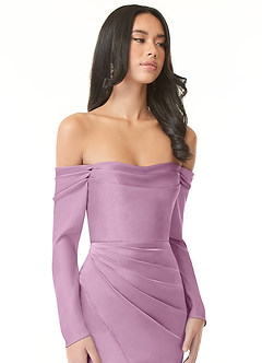 Azazie Hallie Bridesmaid Dresses Wisteria Sheath Off-The-Shoulder Long Sleeve Stretch Satin Convertible Dress image1