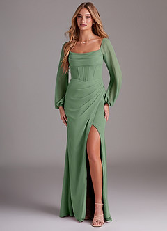 Azazie Charissa Brautjungfernkleider Etui Langarm Chiffon Kleid Matcha image1