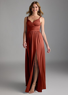 Azazie Chanel Bridesmaid Dresses Terracotta A-Line Pleated Stretch Satin Dress image1