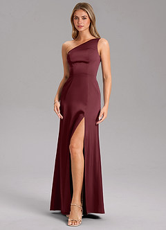 Azazie Feby Vestidos de damas de honor Vestido de Cabernet de Satén Elástico de Corte en A con Hombro unilateral image6