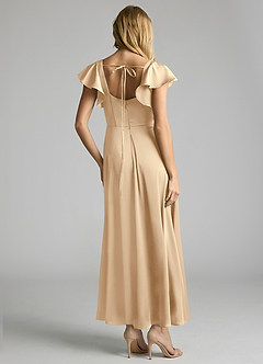 Azazie Bondi 신부 들러리 드레스 A라인 셔링 스트레치 새틴 발목 길이 드레스 image3