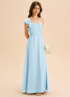 Azazie Kelsea Junior Abito A-Line in Chiffon Increspato Azzurro image5