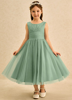 Azazie Macaron Robe Demoiselle D'honneur Fillette Robe Trapèze en Tulle Plissée Matcha image3