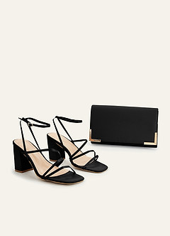 front Matching Color Matte Satin Ankle Strap Block Heel Sandals & Envelope Clutch Set