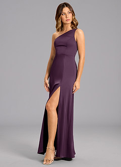 Azazie Phaedra Bridesmaid Dresses Plum A-Line One Shoulder Stretch Satin Dress image3