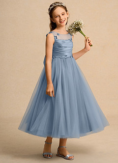 Azazie Snowball Girl Jurken voor bloemenmeisjes Baljurk Jurk van Tule Geplooid Stoffig Blauw image4