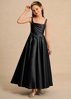 Azazie Mochi Girl Jurken voor bloemenmeisjes Baljurk Jurk van Mat Satijn Geplooid Zwart image6