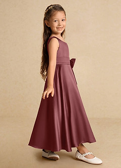 Azazie Lindy vestidos de niña de las flores Vestido de Rosa Del Desierto de Satin Mate de Acampanado con Plisado image5