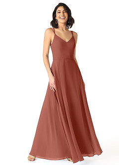 Azazie Janine Brautjungfernkleider A-Linie V-Hals Chiffon Kleid Rotbraun image1