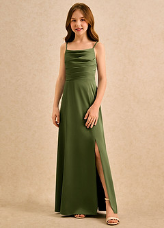 Azazie Chamomile Girls Formal Flower Girl Dresses Olive A-Line Pleated Stretch Satin Dress image4
