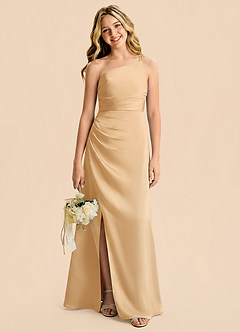 Azazie Eren Junior Gold Sheath Pleated Stretch Satin Dress image4