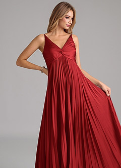 Azazie Raychelle Bridesmaid Dresses Pomegranate A-Line Pleated Stretch Satin Dress image7