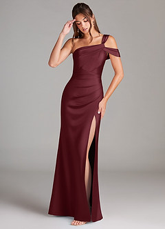 Azazie Wynter Bridesmaid Dresses Cabernet Sheath Off the Shoulder Stretch Satin Dress image3