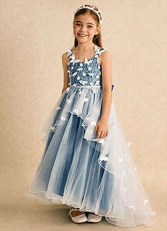 Azazie Darlina Robe Demoiselle D'honneur Fillette Robe Princesse en Tulle Dentelle Ivoire Bleu Bermudes image6