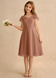 Azazie Narin Girls Formal Robe Demoiselle D'honneur Fillette Robe Trapèze en Mousseline de soie avec manches Bronze image1