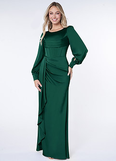 Azazie Raye Bridesmaid Dresses Emerald Mermaid Long Sleeve Stretch Satin Dress image1