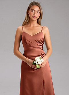 Azazie Azuree Bridesmaid Dresses Clay A-Line Pleated Stretch Satin Dress image7