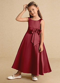 Azazie Lindy Flower Girl Dresses Pomegranate A-Line Pleated Matte Satin Dress image4