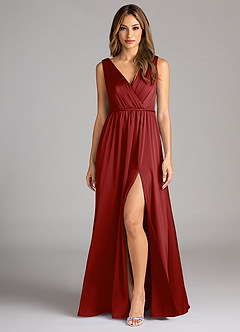Azazie Tanicia Bridesmaid Dresses Pomegranate A-Line Pleated Stretch Satin Dress image1